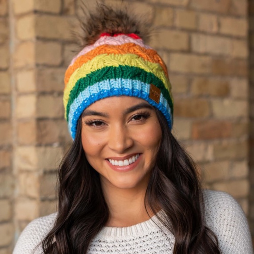 SOLD OUT Rainbow Cable Knit Fleece Lined Faux Fur Pompom Beanie Women's Winter - Picture 2 of 4